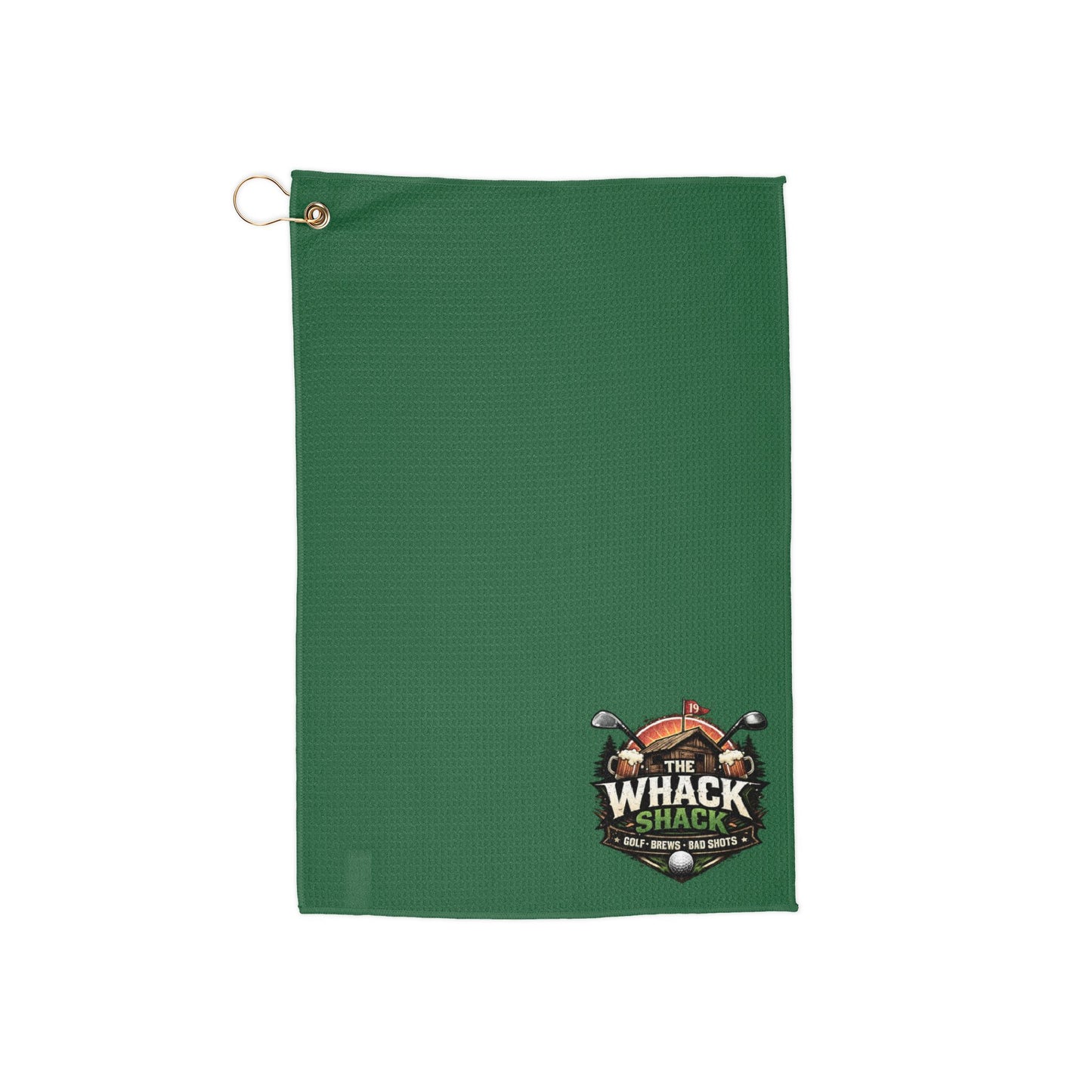 Green Golf Towel — "Whack Shack" Graphic Microfiber Towel with Grommet & Clip
