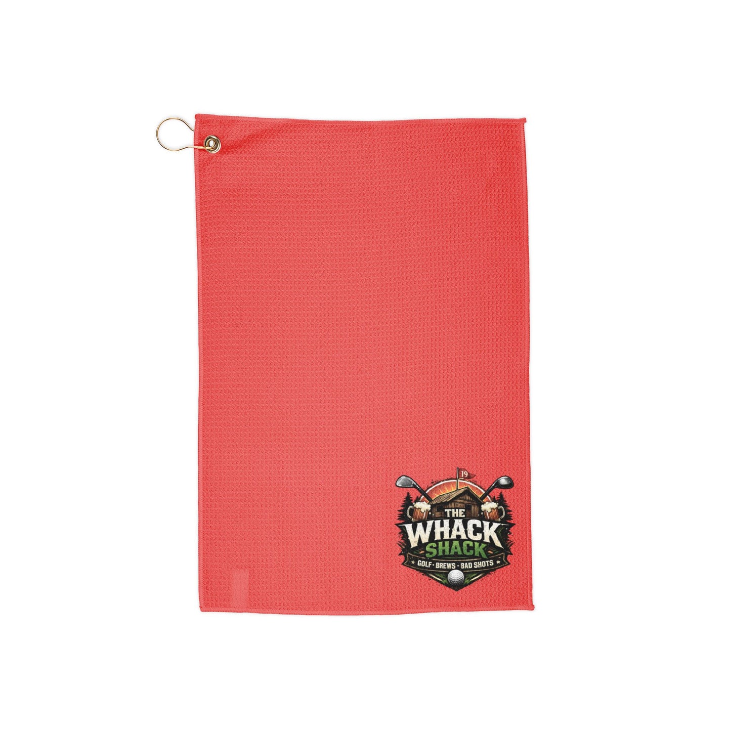 Red Golf Towel — "Whack Shack" Graphic Microfiber Towel with Grommet & Clip