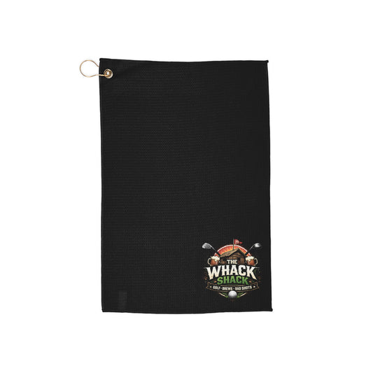 Black Golf Towel — "Whack Shack" Graphic Microfiber Towel with Grommet & Clip